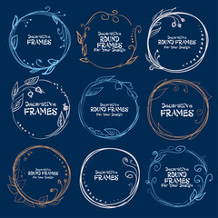 Set of decorative frames hand-drawn on a blue background. Vector