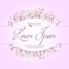 Composition of delicate wild flowers on a pink background with space for your text. Postcard. Vector