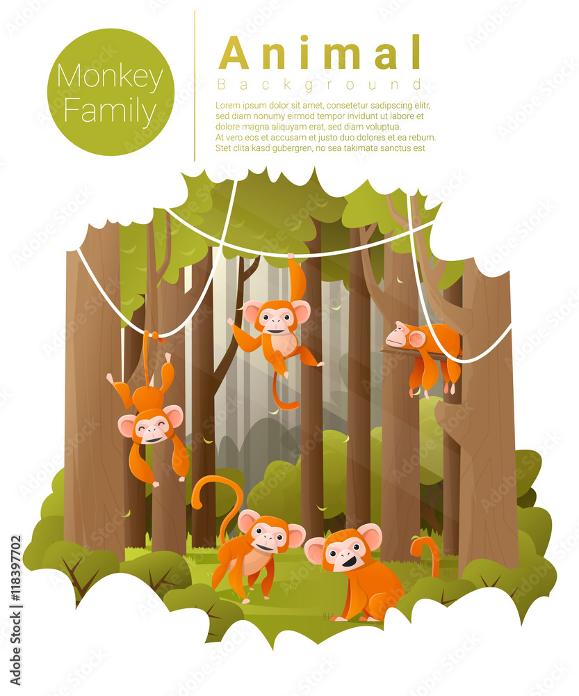 Wall mural forest landscape background with monkeys , vector , illustration