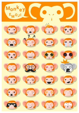 Monkey Emoji Icons , Vector , Illustration