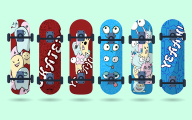 Collection of blue and red skateboard with monsters on a light background. Vector