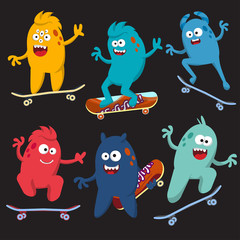 Set of cheerful and colorful cartoon monster who ride skateboards. Vector
