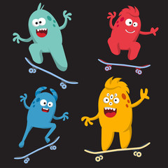 Set of cheerful and colorful cartoon monster who ride skateboards. Vector