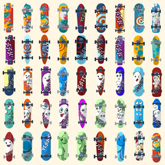 Big Set of skateboards and skateboarding elements street style. Painted in bright figures in a cartoon. Vector