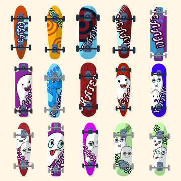 Set of skateboards and skateboarding elements street style. Painted in bright figures in a cartoon. Vector