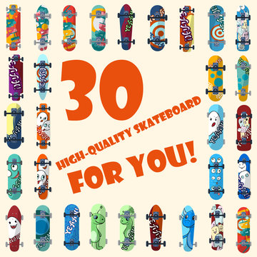 Big set of 30 high quality skateboards and skateboarding elements street style. Painted in bright figures in a cartoon. Vector