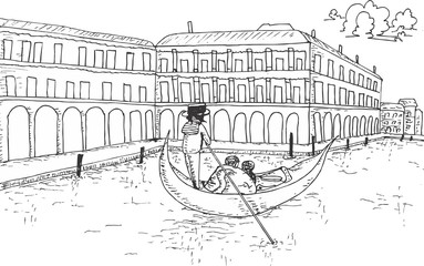 View in Venice with gondola hand drawn illustration