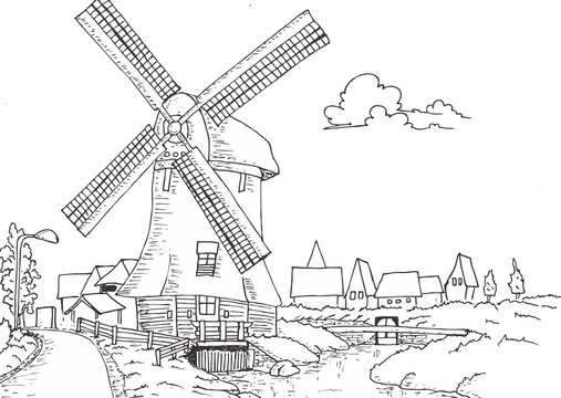 Windmill old retro vintage hand drawing illustration