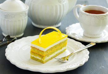 Copyright opera cake with pistachio and passion fruit.