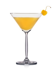 Yellow martini cocktail isolated on white background.