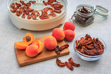 Home made dried apricots and fresh fruits on a kitchen table,  fruit drier in the background