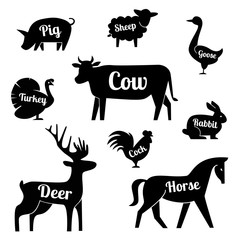 Set of butchery logotype templates. Cartoon farm animals with sample text. Retro styled toy farm animals black silhouettes collection for meat stores, groceries, packaging and advertising. Vector