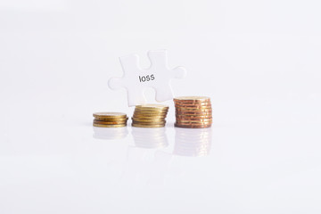 White missing puzzle and gold coins with loss word ,copyspace area