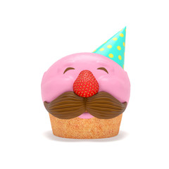 Cupcake (holiday concept). Sponge cake with fondant glaze, chocolate, strawberry as abstract cute smiling man with mustache and party hat as symbol of Birthday or International Cake Day