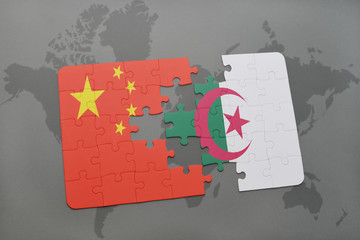 puzzle with the national flag of china and algeria on a world map background.