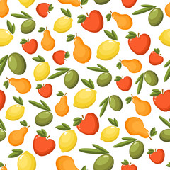 Vector seamless pattern with fresh fruits. Olives, apples, lemons, pears on white background. Farm or vegan foods, fruit market and diets illustration.