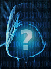 Man in hood with digital numbers with question mark