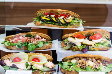 delicious diverse sandwiches in the shop front