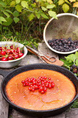 Berry pie on a rustic wooden background on a grass.