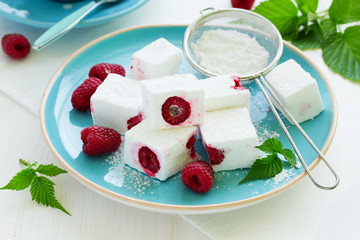 Homemade marshmallows with raspberry. Selective focus.