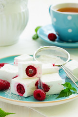 Homemade marshmallows with raspberry. Selective focus.