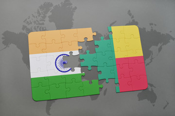 puzzle with the national flag of india and benin on a world map background.