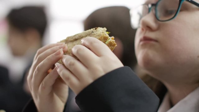  Close up portrait of girl eating a sandwich in school cafeteria. 