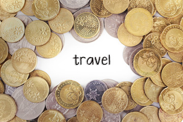 Background of the gold coin with word travel in the middle.