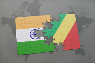 puzzle with the national flag of india and republic of the congo on a world map background.