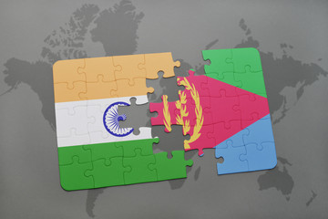 puzzle with the national flag of india and eritrea on a world map background.