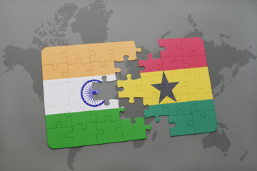puzzle with the national flag of india and ghana on a world map background.