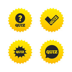 Quiz icons. Speech bubble with check mark symbol