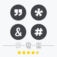 Quote, asterisk footnote icons. Hashtag symbol.