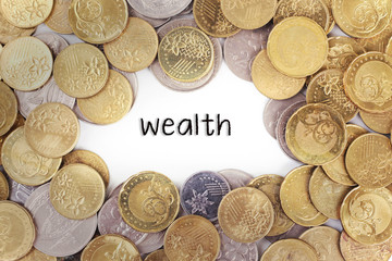 Background of the gold coin with word wealth in the middle.