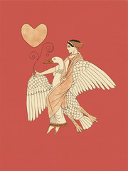 Aphrodite riding a goose holding a plant and heart, based on ancient greek pottery and ceramics red-figure