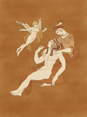 Aphrodite and Adonis seated and Eros flying, based on ancient greek pottery and ceramics red-figure drawings
