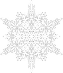 Outlines of snowflake in mono line style for coloring book. Vector geometric pattern.