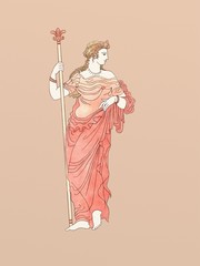 Demeter with scepter, based on ancient greek pottery and ceramics red-figure drawings