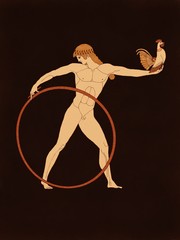 Ganymede playing with hoop and cock, based on ancient greek pottery and ceramics red-figure drawings