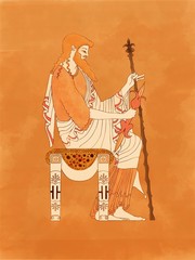 Zeus seated with sceptre and thunderbolt, based on ancient greek pottery and ceramics red-figure drawings
