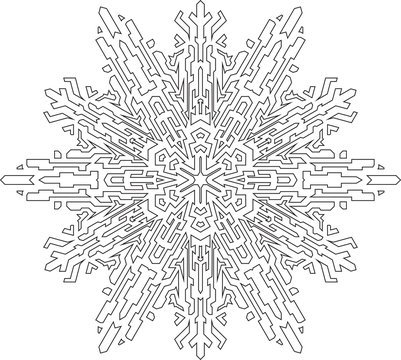 Outlines of snowflake in mono line style for coloring book. Vector geometric pattern.