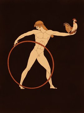 Ganymede playing with hoop and cock, based on ancient greek pottery and ceramics red-figure drawings