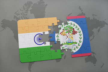 puzzle with the national flag of india and belize on a world map background.