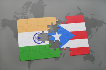 puzzle with the national flag of india and puerto rico on a world map background.