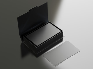 Black contact business cards in the open cardboard box. Clean mockup template with free copy space for design or advertising. On black and gray background. 3d illustration