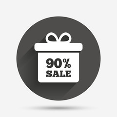 90 percent sale gift box tag sign icon.
