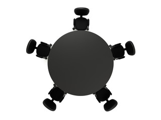 Conference round dark table and many group black office chairs in meeting room, isolated on white background. High-resolution 3d illustration Top view