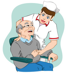 Female nurse caring for an elderly man. Ideal for material medical or institutional