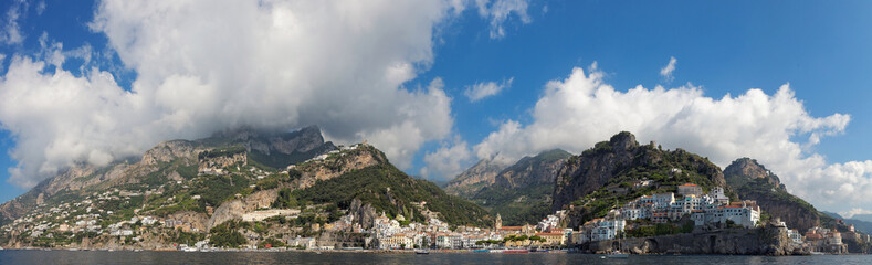 Fototapeta na wymiar Panoramic view of city of Amalfi with coastline, Italy