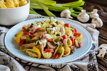 Pasta salad with backed chicken breast, fried bacon, pepper, mushrooms and leek